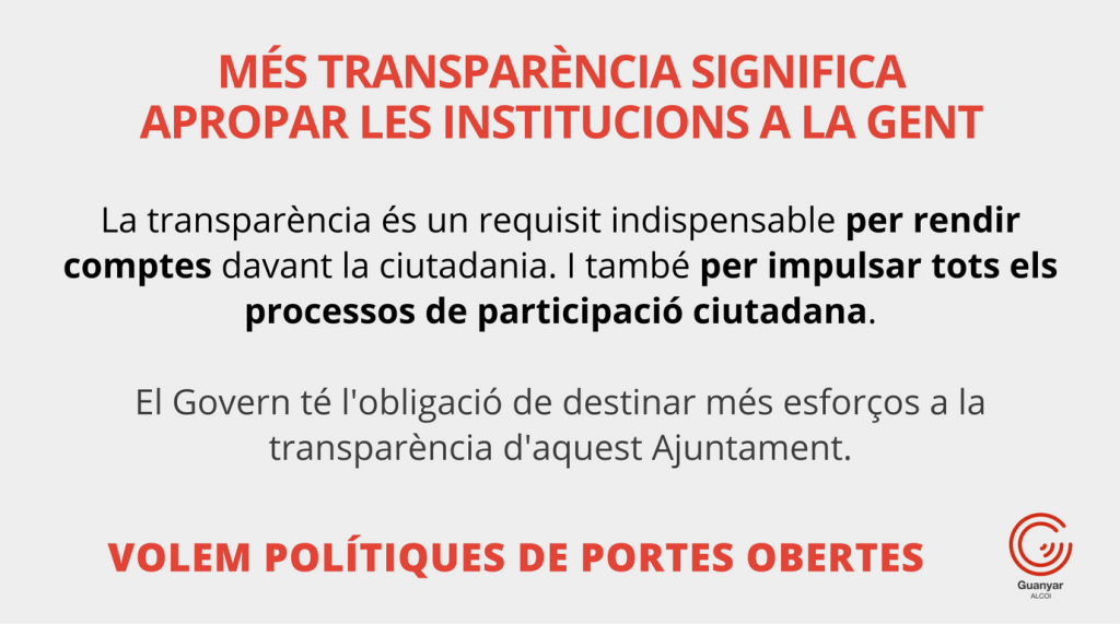 Guanyar Alcoi demana que el Govern complisca amb els compromisos de transparència
