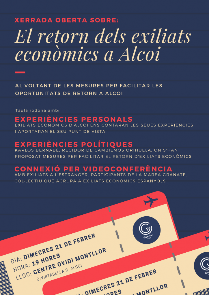 Guanyar Alcoi organitza una xarrada per debatre sobre la millora de les condicions de retorn dels exiliats econòmics a Alcoi