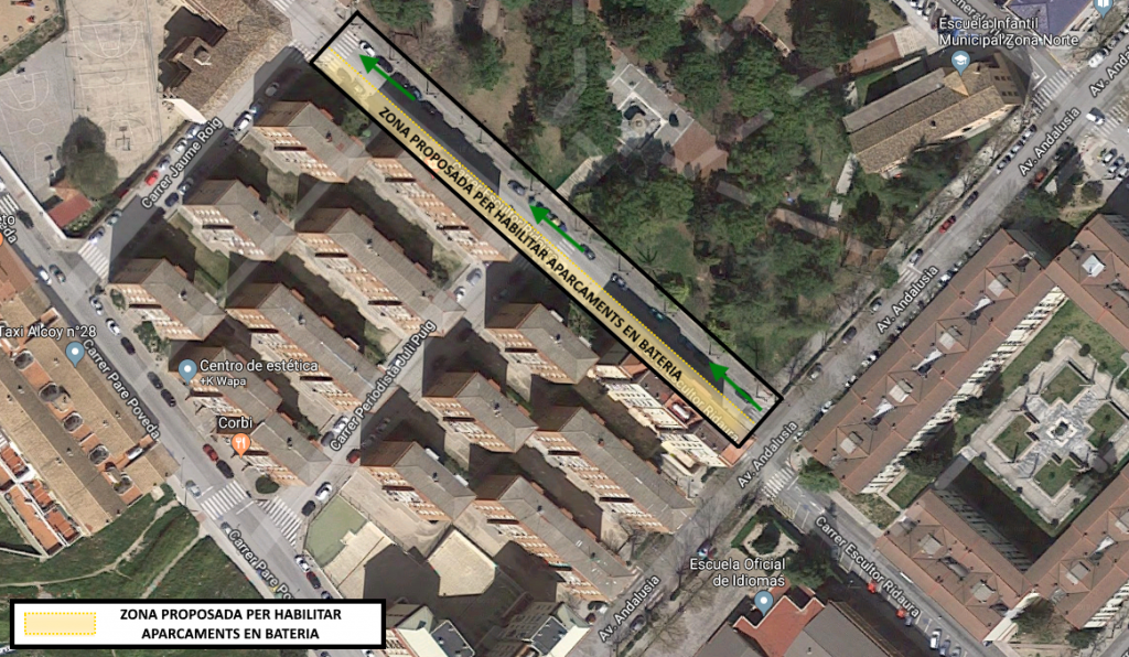 Guanyar Alcoi demanarà instal·lar aparcament en bateria al carrer Escultor Ridaura per guanyar almenys 10 places d’aparcament a la zona