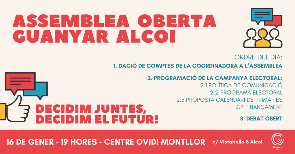 Guanyar Alcoi convida a la ciutadania per organitzar i programar la seua campanya electoral