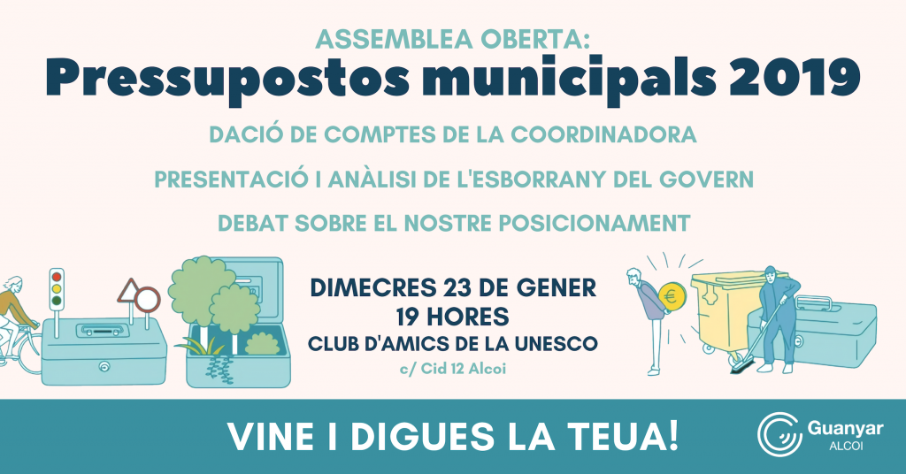 Guanyar Alcoi convoca una assemblea per decidir el seu posicionament als pressupostos municipals del 2019