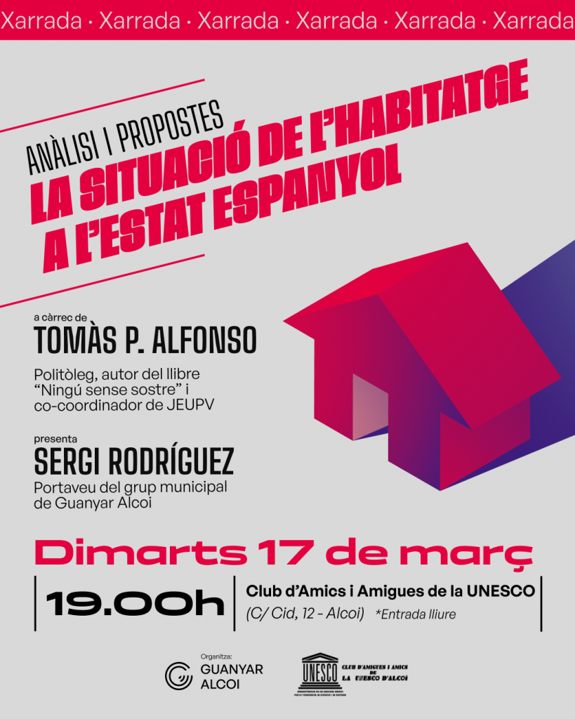 Guanyar Alcoi organitza una xarrada sobre la situació de l’habitatge a l’Estat espanyol